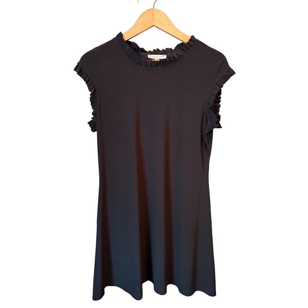 Annalee + Hope Black Ruffle Trim Cap Sleeve Mini Dress Large Made in USA LBD